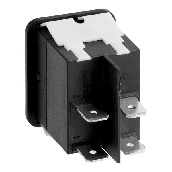 A black rectangular electrical rocker switch with a white actuator and four metal prongs for connections.