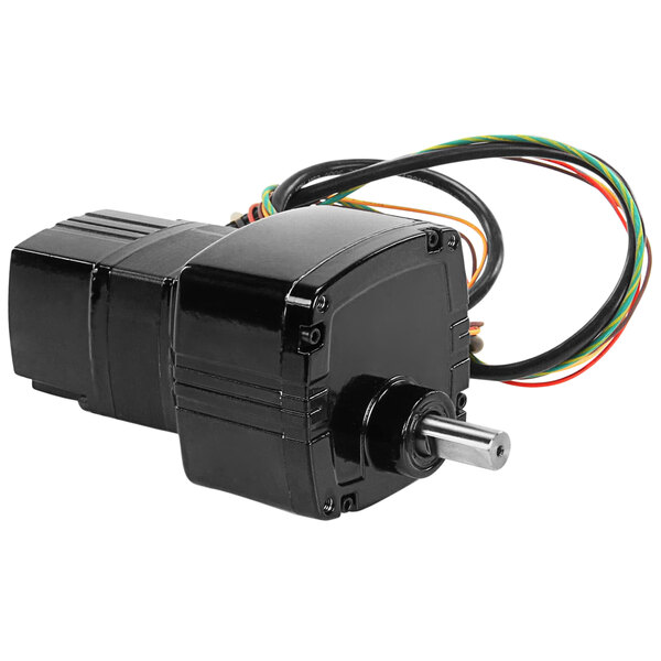 A close-up of a black Middleby Marshall brushless electric motor with wires.