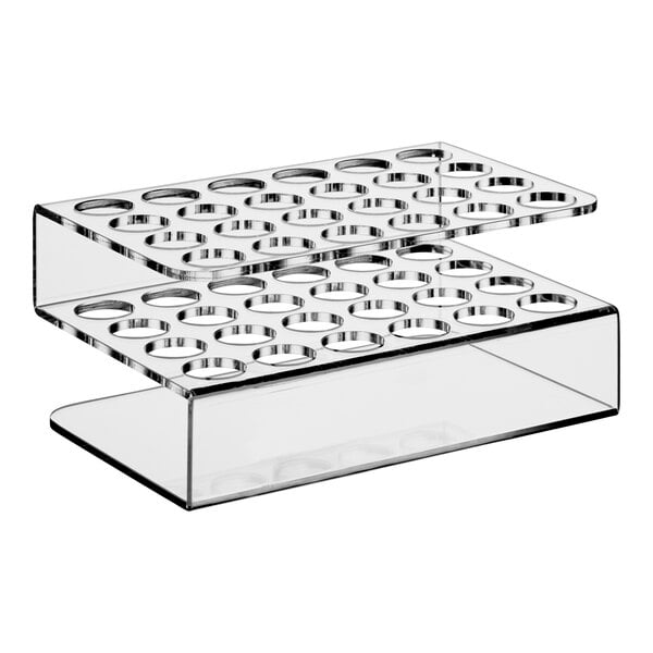 A clear acrylic rack designed to hold multiple test tubes or shooter glasses.