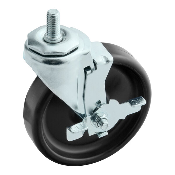 A metal and rubber caster wheel with a threaded stem and brake, designed for True Refrigeration equipment.