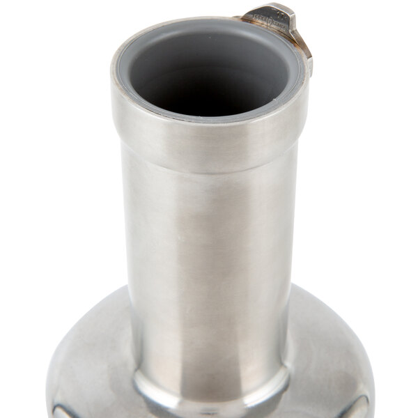 A Robot Coupe stainless steel bell cover with a hole.