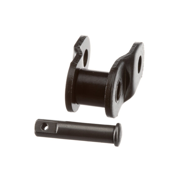 A black metal mount for a bolt with a pin and roller.