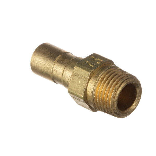 A close-up of a brass threaded pipe fitting.