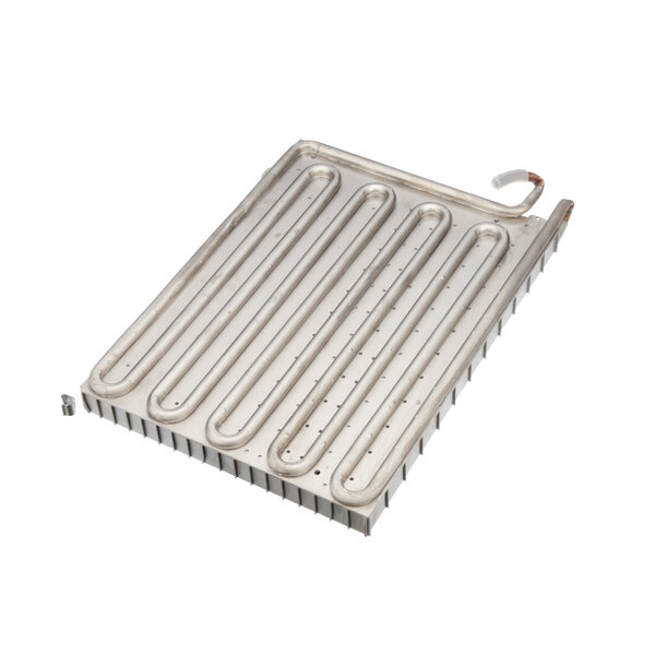 A rectangular metal Kold-Draft evaporator pan with tubes.