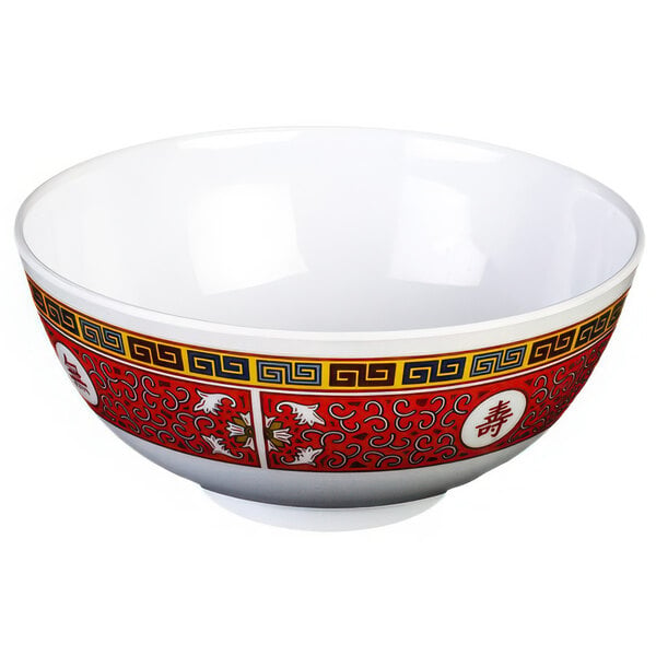 A white melamine bowl with a red and yellow Longevity design.