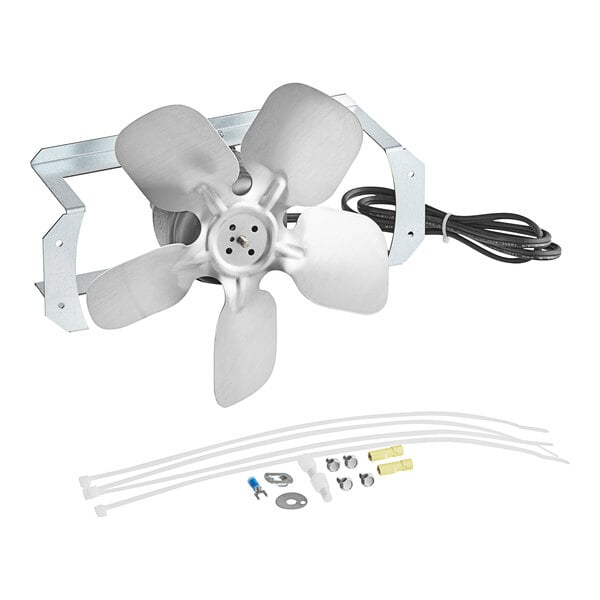 An Ice-O-Matic fan motor kit with a metal fan blade and wires.