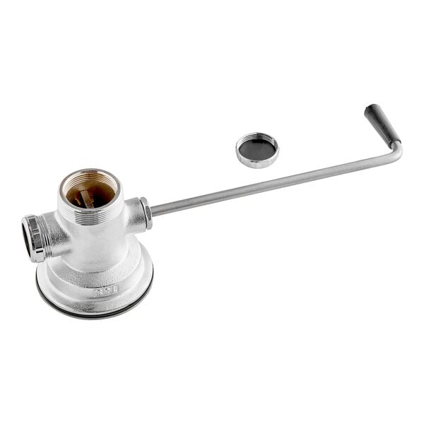 A T&S stainless steel waste drain valve with a twist handle.