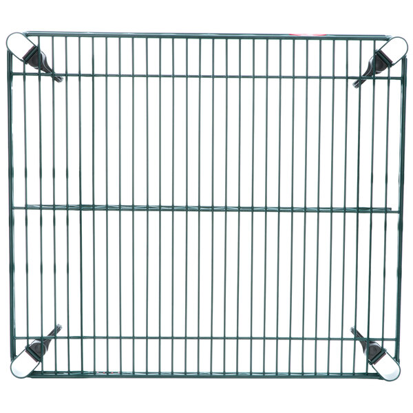 A Metroseal wire shelf with metal clips on a metal grid.