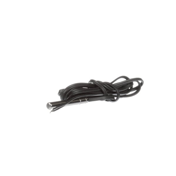 A black cord with a white wire on a white background.