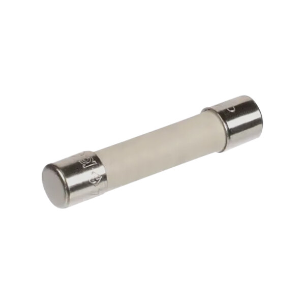 A close up of a CookTek fast acting fuse with a white metal tube and silver cap.