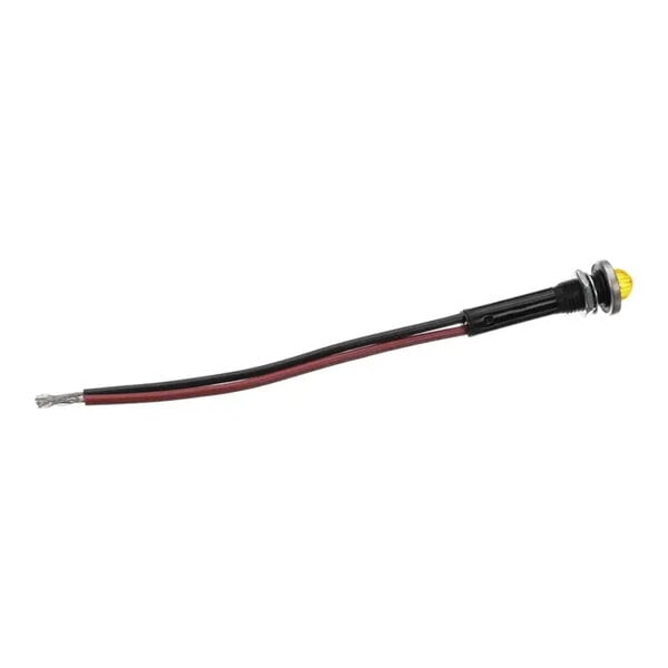 An amber pilot light with attached red and black wires, used as a low water indicator for equipment.