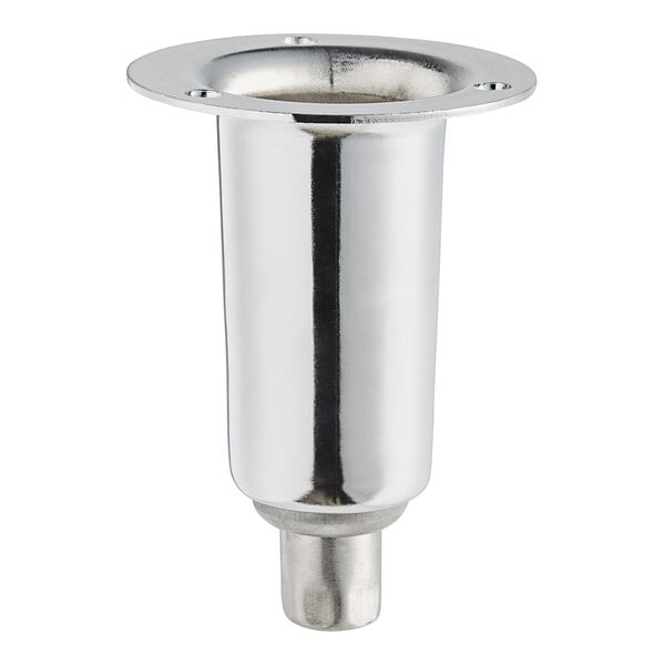 A silver metal American Range leg with a round metal base.