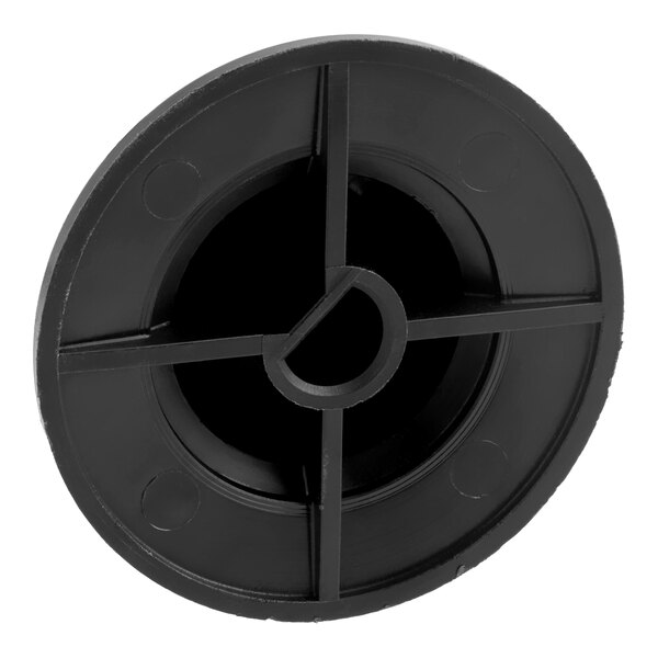 A black, round plastic knob with a central hole and four radial supports.