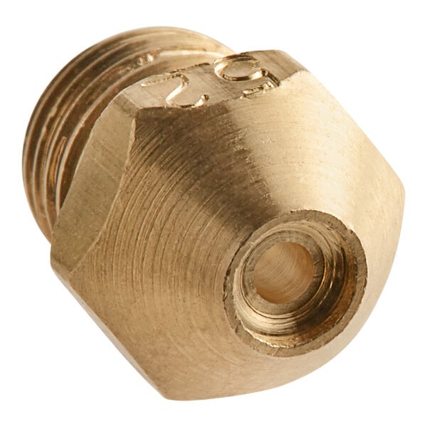 A close-up of a brass Vulcan orifice nozzle with a small hole.