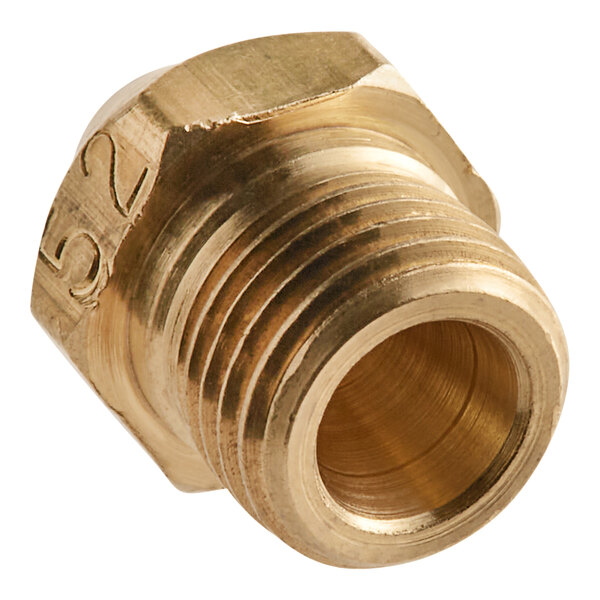 A close-up of a brass threaded male fitting with a carved number.