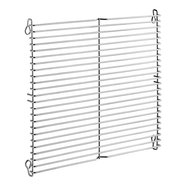 A stainless steel wire rack with metal grid hooks.