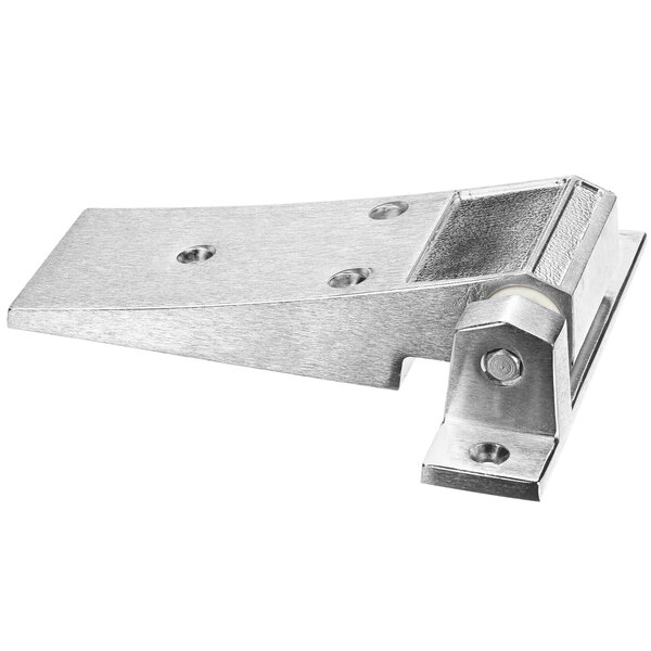 A Master-Bilt brushed chrome metal hinge with screws.