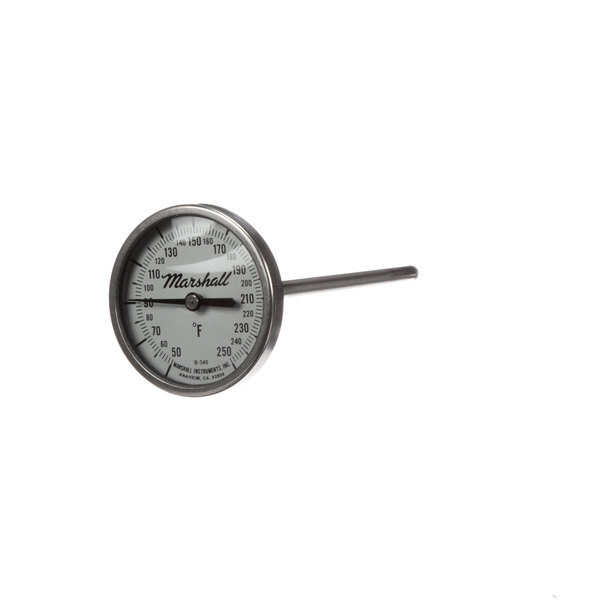 A close-up of a round metal BevLes thermometer.
