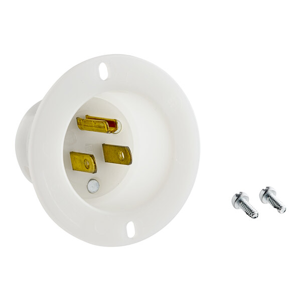 A white round Frymaster receptacle with gold metal parts and screws.