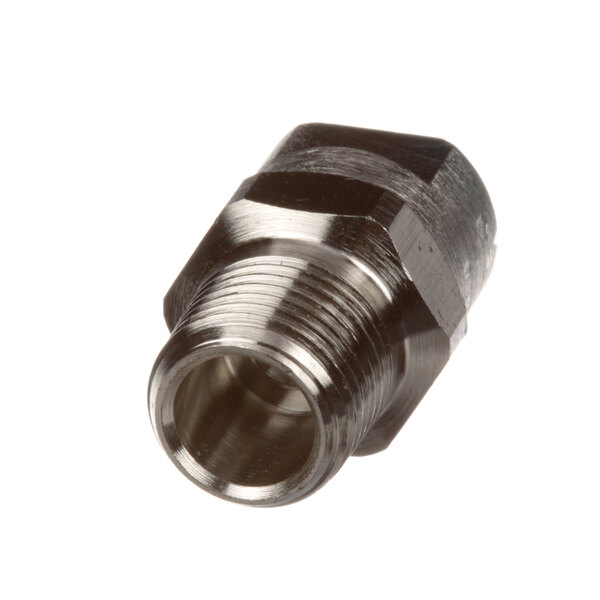 A stainless steel threaded pipe fitting with a metal nut.