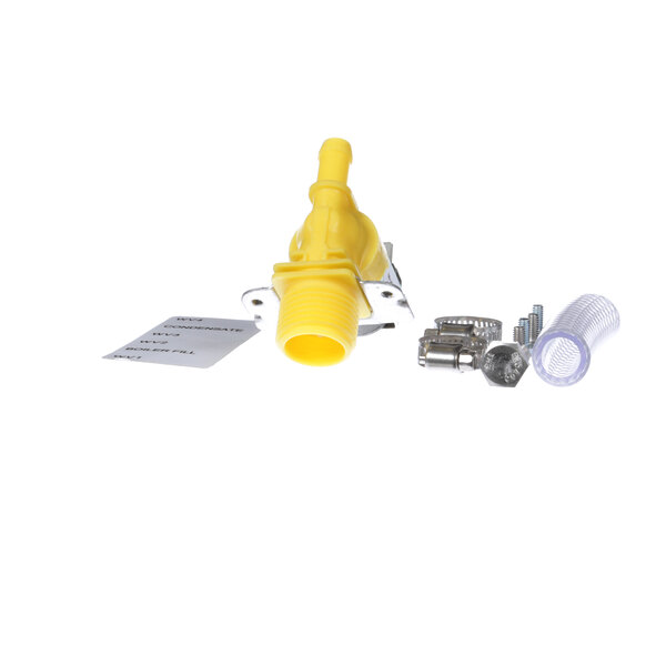 A yellow plastic Groen inlet valve with metal screws.