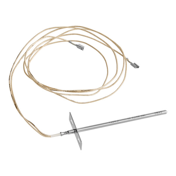 A metal temperature probe with an attached long insulated wire and mounting bracket.