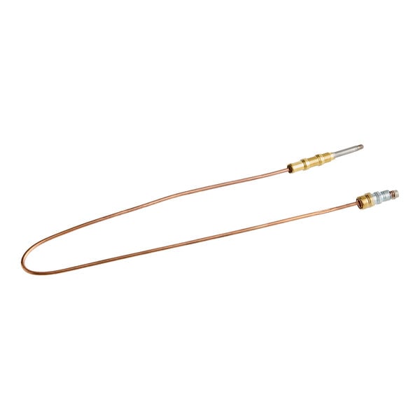 A copper thermocouple with brass fittings, used for temperature sensing in appliances.