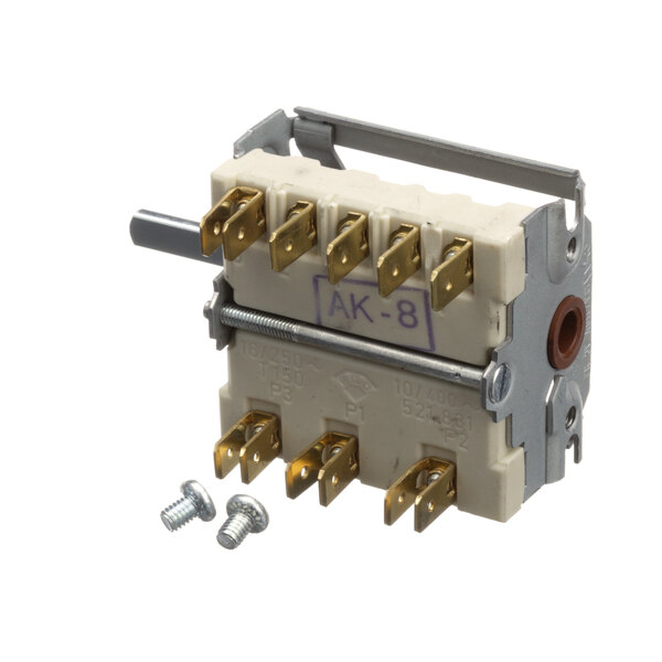 A close-up of a Southbend 7 position rotary Ego switch with two screws and two wires.