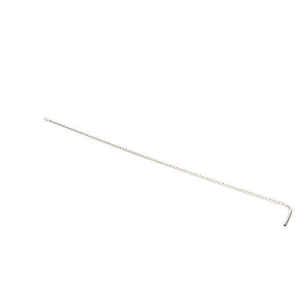A silver metal rod with a long thin handle and a hook on the end.