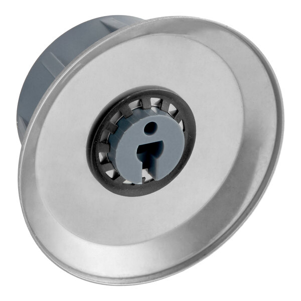 A round metallic knob with a central gray plastic insert featuring a keyhole-shaped slot.