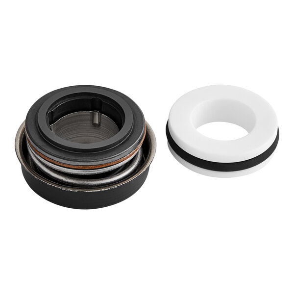 A close-up of a black and white rubber seal with a silver metal ring.