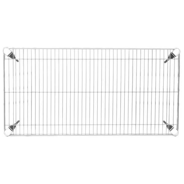 A Metro chrome wire shelf with metal handles.