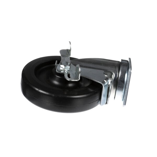 A black and silver caster wheel with a metal plate on top.