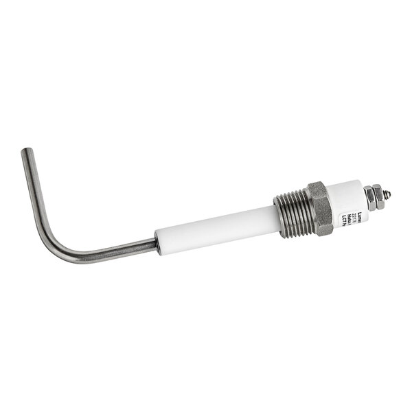 A silver and white metal pipe with a screw on the end.