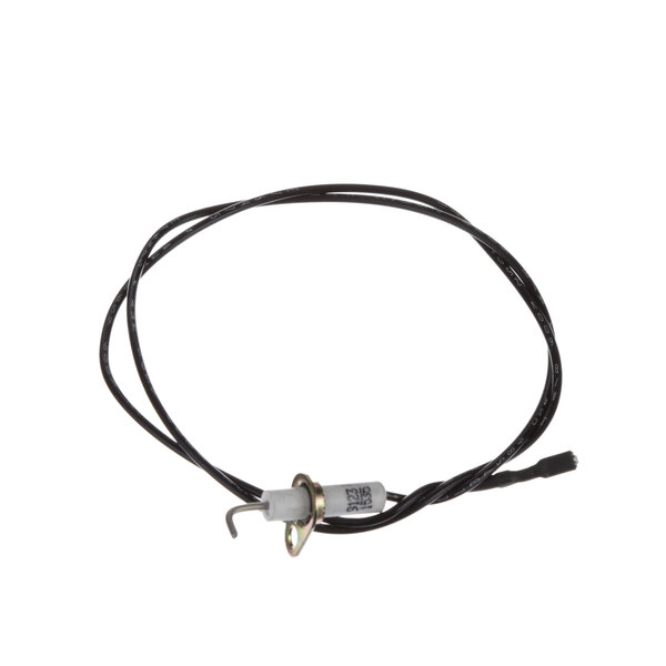 A black wire with a white and black end and a metal hook.
