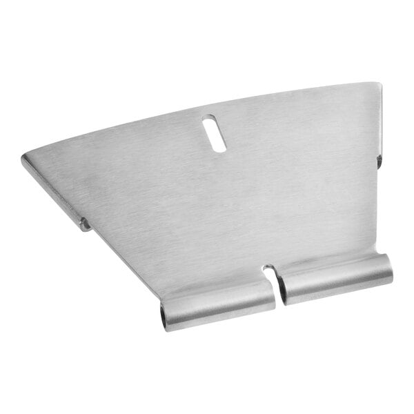 A metallic, wedge-shaped holder with a brushed finish, featuring a slot and two cylindrical grooves at the bottom.