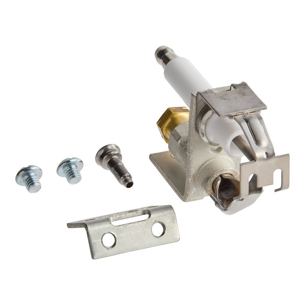 A metal pilot burner assembly with a white ceramic insulator, accompanied by two screws, a small metal fitting, and a mounting bracket, all placed on a white background.