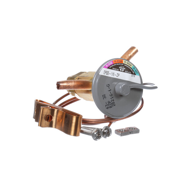 A Beverage-Air 303-190D expansion valve with a copper tube and a hose clamp.