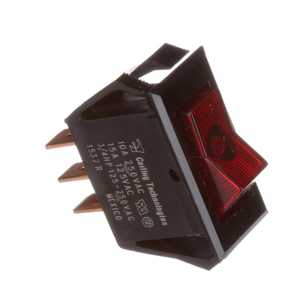 A close-up of a red Franke Rocker Switch with a white background.
