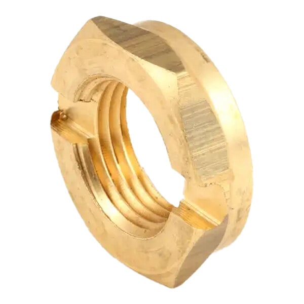 A brass nut with internal threading, designed for 1/2-14 fittings.