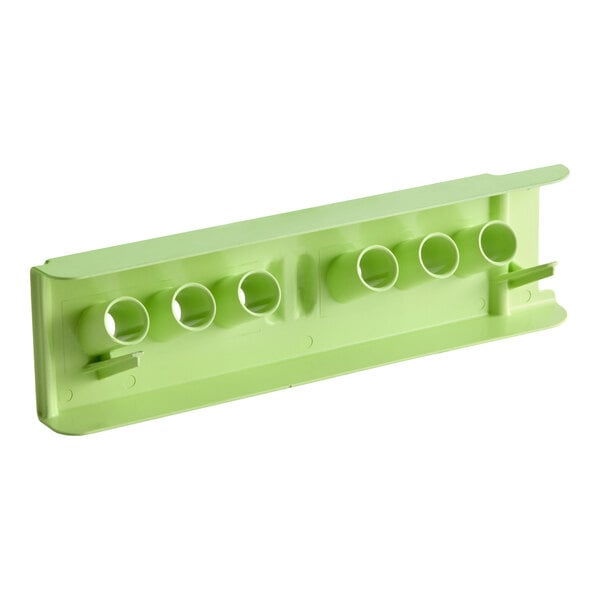 A green plastic rectangular component with six circular holes and two small protruding tabs on each end.