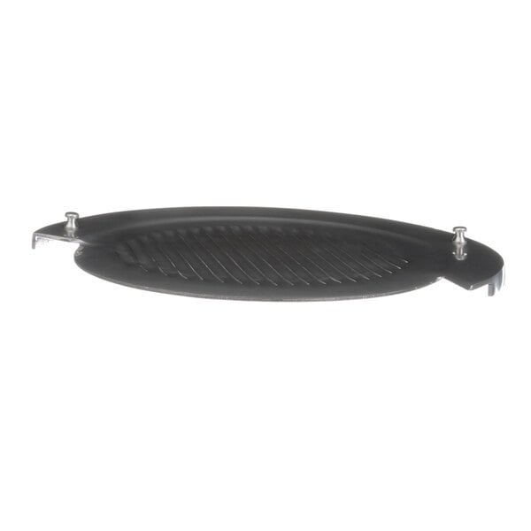 A black round grill with a handle.