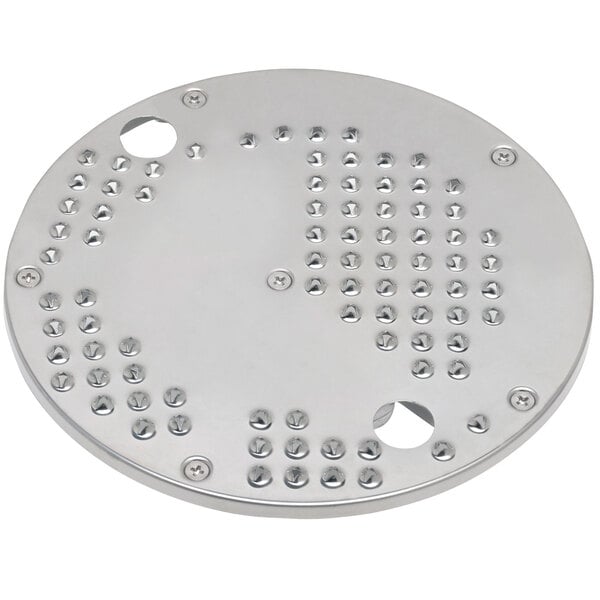 A stainless steel Waring grating / shredding disc with holes and rivets.