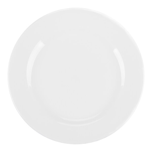 A plain, round, bright white plate with a smooth surface and a slightly raised rim.