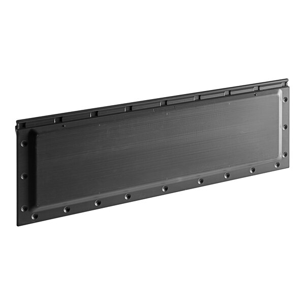 A black metal rectangular plate with rivets.