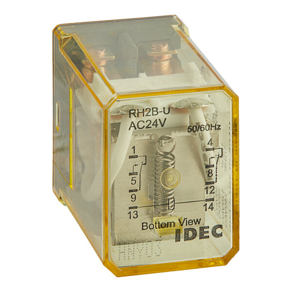 A close up of a yellow and white Cleveland Dpdt Relay with a red light.