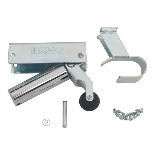 A metal Kason 1092-000008 door closer with a 1-1/8 offset, shown with mounting hardware and components.