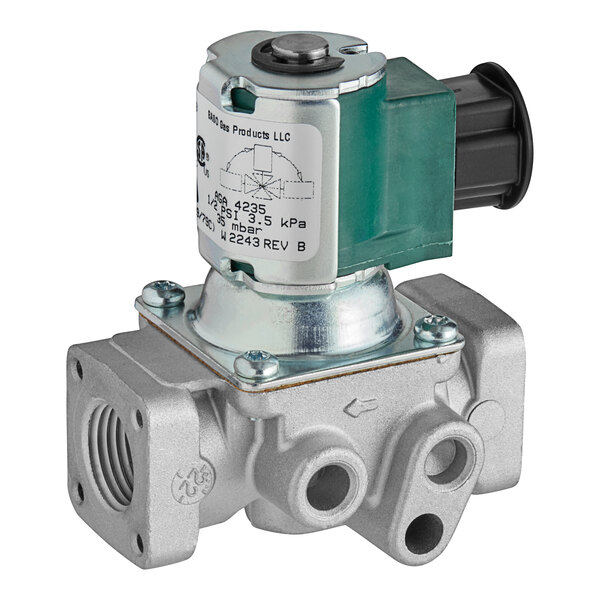 A close-up of an Imperial 1134 Solenoid Gas valve with a green button and a green valve.