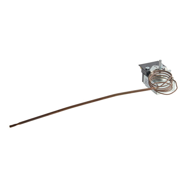 A metal thermostat component with a long coiled copper tube attached, shown without a knob.