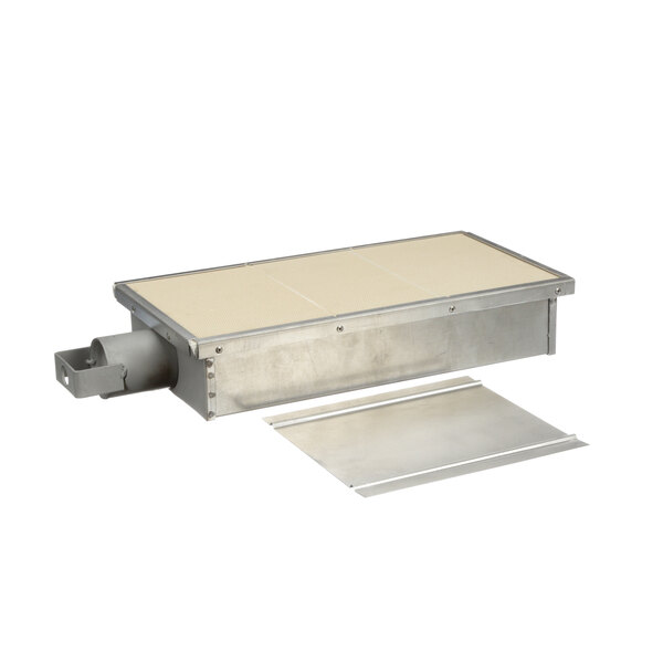 A metal box with a lid and a tray, the Tri-Star IR Burner.